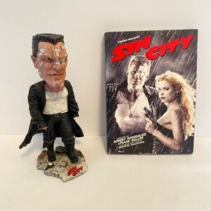 Sin City Movie DVD And NECA 2005 Mickey Rourke Marv Head Knocker Bobblehead Set